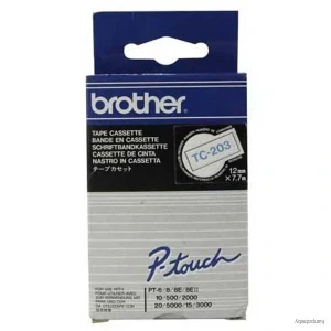 Brother originál páska do tlačiarne štítkov, Brother, TC-203, modrý tlač/biely podklad, laminovaná, 7.7m, 12mm