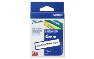 Brother originál páska do tlačiarne štítkov, Brother, TZE-211, čierny tlač/biely podklad, laminovaná, 8m, 6mm