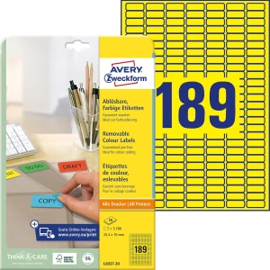 Avery Zweckform etikety 25.4mm x 10mm, A4, žlté, 189 etikiet, mini, snímatelné, balené po 20 ks, L6037-20, pre laserové a atrament