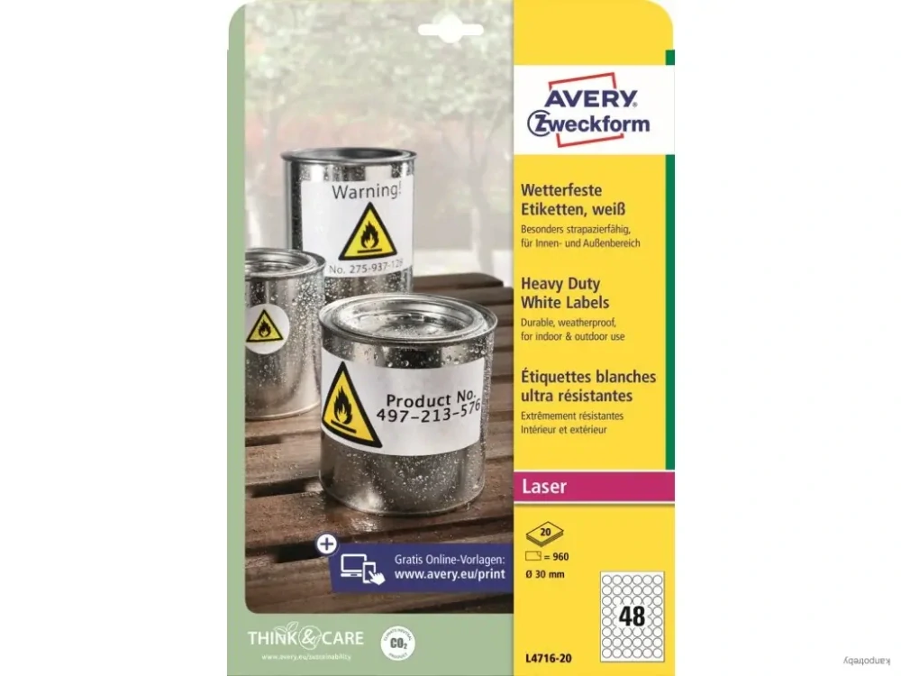 Avery Zweckform etikety 30mm, A4, matné, biele, 48 etikiet, veľmi odolné, balené po 20 ks, L4716-20