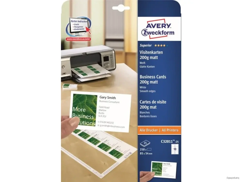 Avery Zweckform vizitky, matné, biele, A4, 200 g/m2, 85x54mm, 25 listov, pre laserové a atramentové tlačiarne, O
