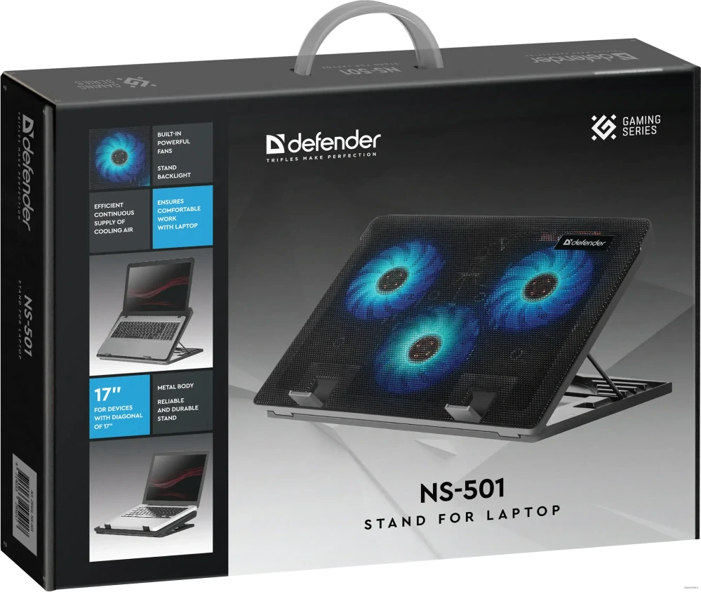 Stojan pod notebook, NS-501, farebne podsvietený, s vetrákom, čierno-modrý, DEFENDER, s 2-portovým hubom