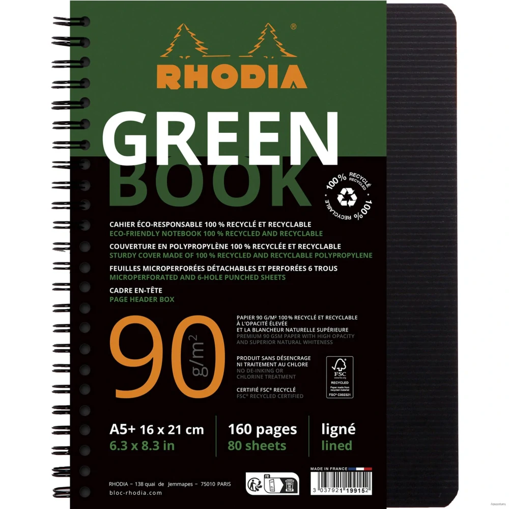 Zápisník Clairefontaine Rhodia Greenbook A5+, štvorčekový, 80 listov